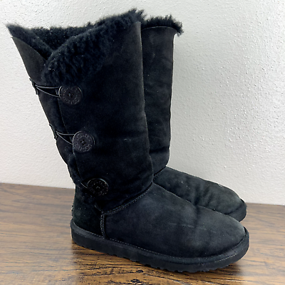 #ad UGG Womens Boots Size 9 Bailey Button Triplet Tall Black Suede Sherpa Shearling $27.92