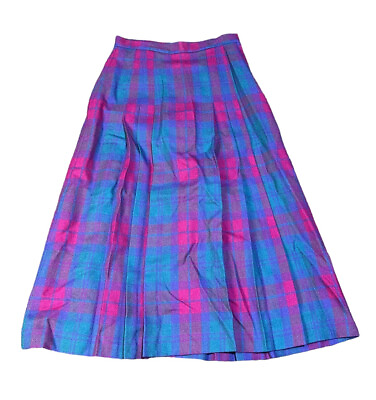 #ad Vintage David Brooks Size 8 Wool Long Purple Blue Plaid Front Pleated Skirt NEW $39.95