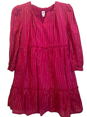 GAP Kids Girls X Large 14 16 Dress Long Sleeve Ruffle Sleeve Gold Stripes Pink $10.99