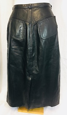 #ad Vintage 1970’s Leather Pencil Skirt Long Black Pockets 27quot; Waist C $48.12