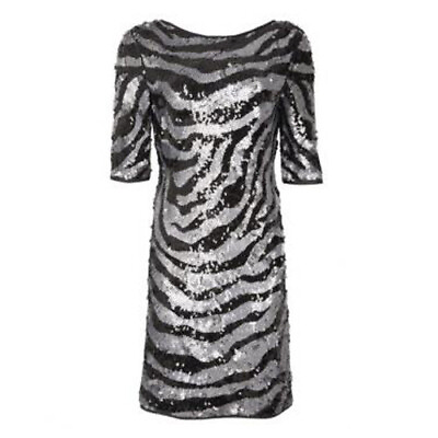 #ad NEXT Black amp; Silver Zebra Print Sequin Party Short Sleeve Mini Dress Size 10 GBP 25.00