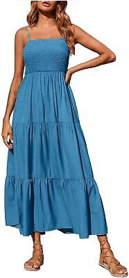 #ad Women Maxi Dress Casual Boho Dress Spaghetti Strap Smocked Tiered Beach Sundress $15.99