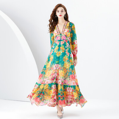 #ad New Spring Summer Fall Floral Print V Neck Long Sleeve Women Casual Maxi Dresses $35.99