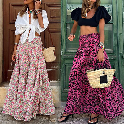 #ad Womens Boho Floral Long Maxi Skirt Ladies High Waist Beach Holiday Swing Dresses $18.57