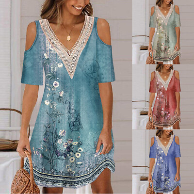 #ad Summer Beach Dress For Women Beach Cover Up Dresses Cold Shoulder Swing Dress US $13.69