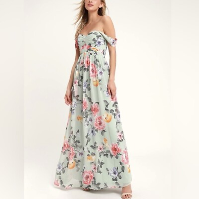 #ad Lulus Harmonious Love Mint Floral Print Off the Shoulder Maxi Dress SMALL $49.99