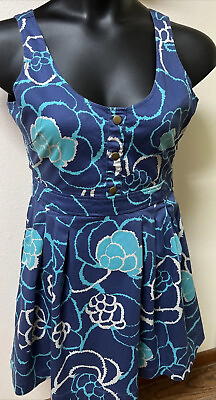 #ad Blue Floral SunDress Lace Open Back Pleats Sleeveless Cotton Festive Resort Sz L $15.88
