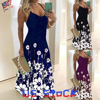 #ad Women Floral Strappy Dress Summer Casual V Neck Maxi Long Sundress Plus Size $18.99
