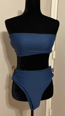 Blue Bikini Set Bandeau Top Hipster Bottoms Small Approx 34B Laced Back $9.00
