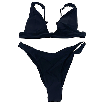 #ad Jeniulet Womens Size S 2PC High Cut Cheeky Bikini Set Padded Adjustable Black $12.99