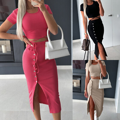 #ad Women Midi Skirt Crop Top Two Piece Set Dress Ladies Party Bodycon Co ord Suit $16.71