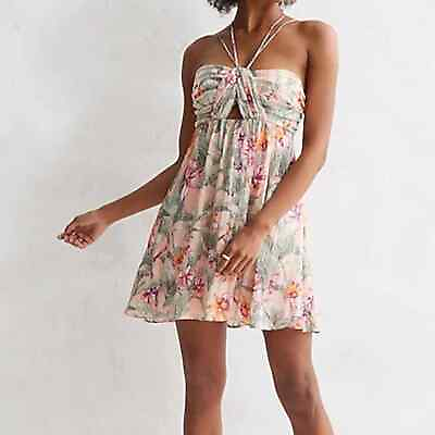 #ad NWT Express Edition Floral Intricate Strappy Back Cutout Bust Halter Dress Sz 2 $49.95