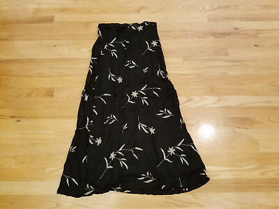 #ad Womens Long A line Skirt Black amp; Sage Green Floral Leaf Back Zipper amp; Elastic M $14.99