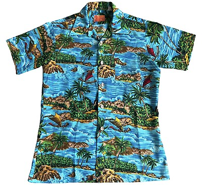 #ad Vtg 60s 70s Sears Kings Road Aloha Hawaiian Shirt Mens Size M 15.5 Trim Regular $24.95