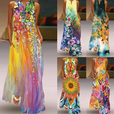 #ad Plus Size Womens Holiday Print Maxi Dress Summer Beach VestSundress Kaftan $17.29