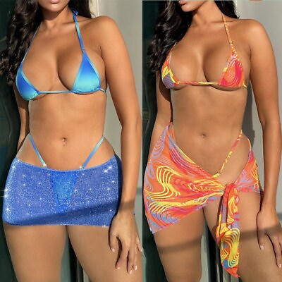 #ad #ad Sexy 3 pcs Micro Bikini sets for Women Girls with Wrap Skirt Swimsuit Thong $16.99