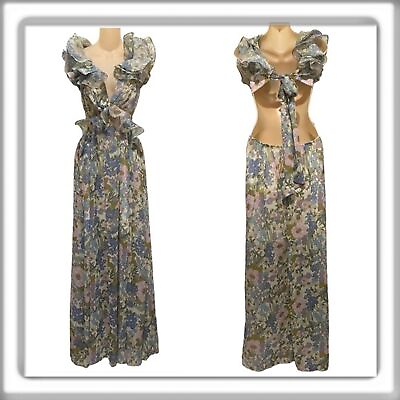 #ad LUXXEL Halter Style Maxi Dress Floral Open Tie Back Ruffle Bodice Size Medium $49.99