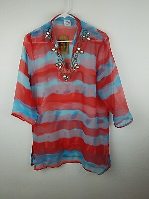 Island Expression Womens Cover Up Blue Red Striped Beaded X XL 3 4 Sleeves A8 $15.99