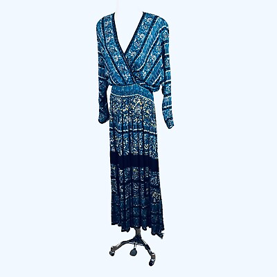 Vintage Carole Little Dress Size 12 Blue Black Beige Floral Germany Batik Midi $39.99