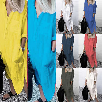 #ad Women Cotton Linen Maxi Shirt Dress Baggy Casual Kaftan Loose Sundress Size 18 $21.89
