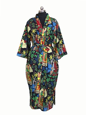 #ad Indian Multi Floral Long Cotton Beach Cover Up Kimono Night Kimono Bath Robes $24.99