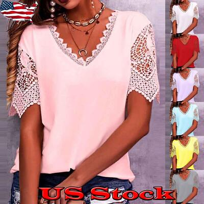 Plus Size Ladies Short Sleeve Summer T Shirt Tops Womens Plain Lace Blouse Tee $17.49