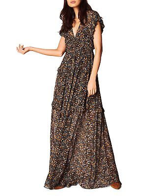 baamp;sh Women#x27;s Samanta Botanical Maxi Short Sleeve Dress Carbon Small NWT $575 $110.49