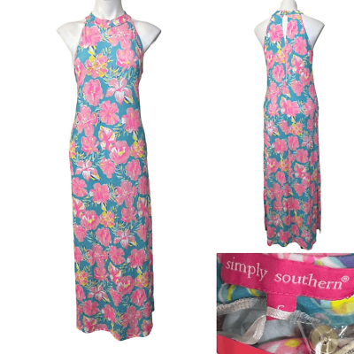 #ad Simply Southern maxi Dress Small Pink Halter Floral Hawaiian vacation spring $18.15
