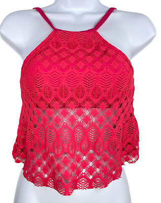 #ad NWT Kenneth Cole Fuchsia Pink Cropped Crochet Popover Flounce Bikini Top Sz S $7.48