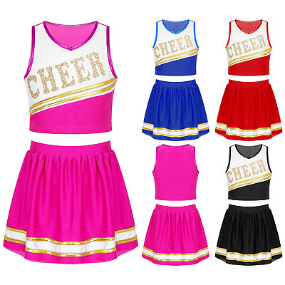 Kids Girls Cheerleading Dance Costume Clothes Set Letter Print Crop TopSkirts $3.71