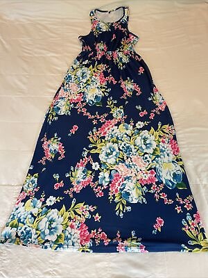 Long Floral Maxi Stretch Dress Womens Medium Blue $13.97