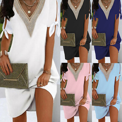 #ad #ad Summer V Neck Holiday Mini Dresses Womens Short Sleeve Dress Ladies Plus Size $15.00