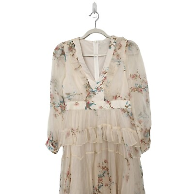 #ad Vintage Womens Floral Georgette V Neck Maxi Dress Sheer Sleeves Ruffled Trim. $85.00