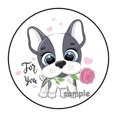 30 CUTE FOR YOU PUPPY WITH FLOWER ENVELOPE SEALS LABELS STICKERS 1.5quot; ROUND $1.95