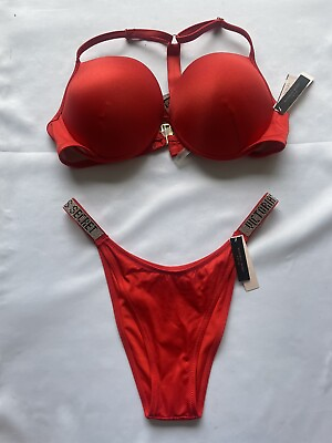 #ad #ad NewVictoria Secret 38C L Bikini Top Bottom Set LOGO Shine Straps NWT $71.87