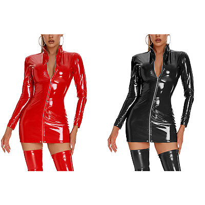 Women Shiny Leather Bodycon Mini Dress Stand Collar Zipper Club Party Dresses $16.69