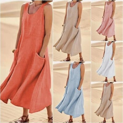 #ad Women#x27;s Cotton Linen Sleeveless Maxi Dress Ladies Solid Pockets Summer Sundress $22.31