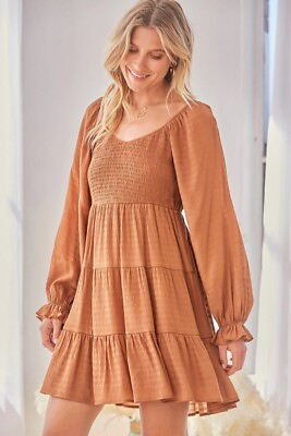 Andree By Unit Women#x27;s Camel Mini Fall Romantic Dress New S L 94770 $39.50
