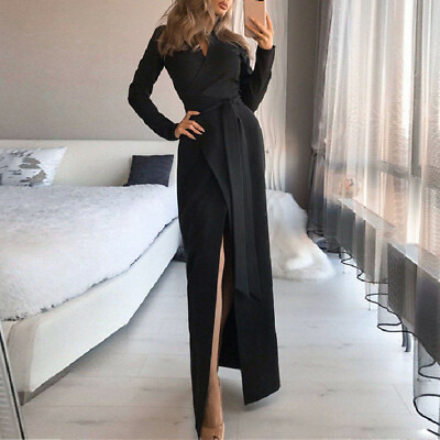 #ad Womens Evening Cocktail Ball G Sexy V Neck Solid Color Slim Fit Long Split Dress $31.99
