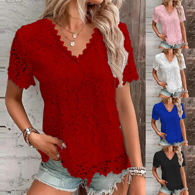 #ad Plus Size Womens V Neck Lace Tunic Tops Ladies Summer Plain Loose Shirt Blouse $20.19
