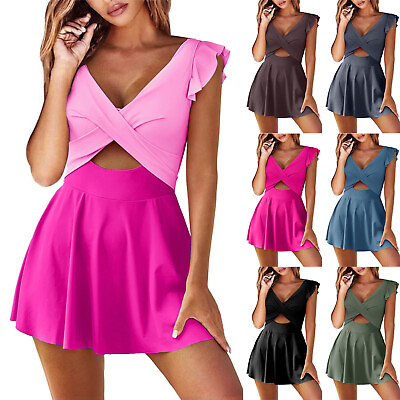 #ad #ad Women Cutout One PC Skirt Swimsuit V Neck Wrap Tie Back Swimdress Bathing Suits $26.69