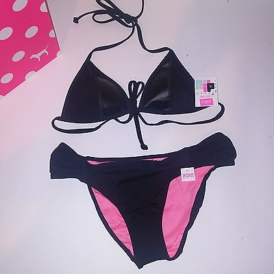 #ad Victoria Secret Swim Bikini Small Top amp; Bottom Black Triangle Solid String New $53.99
