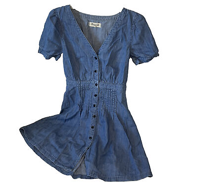 Madewell Denim Dress Daylily Fit Flare J7869 V Neck Short Sleeve Blue Women Sz 2 $29.99