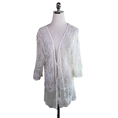 #ad Boho Crochet Lace Cover Up Womens Large White Embroidered Summer Beach Pool $13.11
