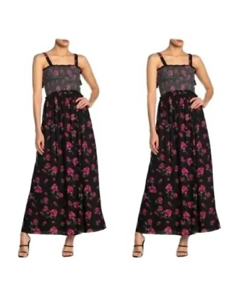 #ad Floral Maxi Dress Black pink Size M pullover sleeveless Angie Tie Strap long NWT $18.00