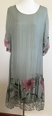 #ad Made In Italy Shift Dress One Size Sage Green Drop Waist Floral Lace Boho Artsy $17.99