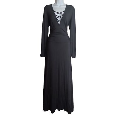 #ad POETIC JUSTICE Criss Cross Lace Up V Neck Long Sleeve Black Maxi Dress Small NWT $62.99
