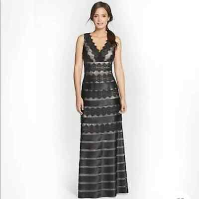 #ad JS COLLECTIONS Black Beige Satin Overlay Mesh Lace Stripe Gown Maxi Dress 14W $224.25