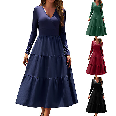 #ad Women#x27;s V Neck Flounce Shirred Ruffle Hem Elegant Long Sleeve Maxi Dress A Line $32.65