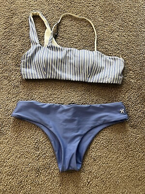 #ad Hurley Blue White Cheeky Coverage Bikini Set NWT Medium Bottom Large Top $27.00